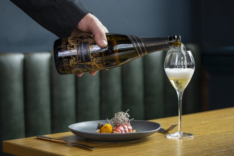 Hoffmann & Rathbone Blanc de Blancs sparkling wine paired with lobster dish