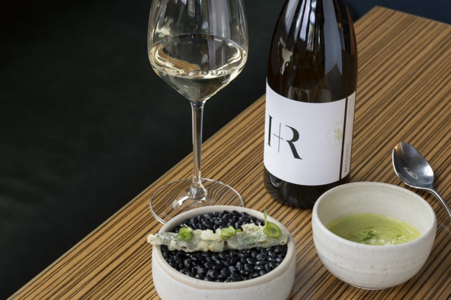 Hoffmann & Rathbone Bacchus White Wine Bottle & Glass paired with tempura asparagus and pea soup